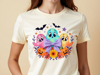 A cream-colored t-shirt features a graphic design
