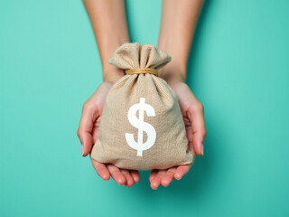 A light beige burlap money bag, with a large white dollar sign printed on it, is held by two hands