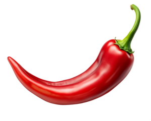 A vibrant red chili pepper with a curved green stem isolated on a transparent background spice