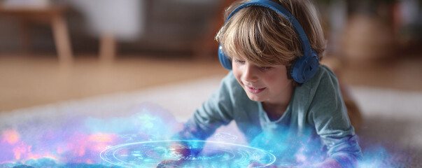 A kid engrossed in augmented reality. A young boy wearing headphones interacting with glowing digital elements. Tech, learning, future concept.