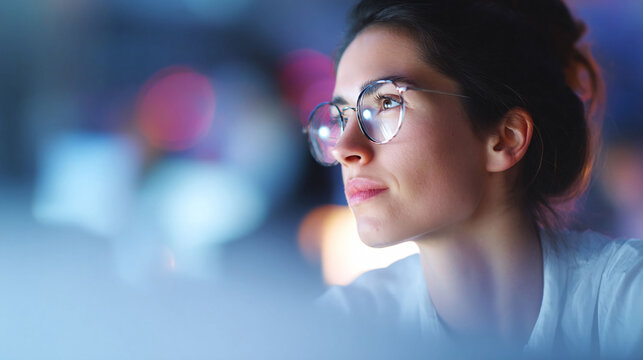 Focused woman with glasses, gazing thoughtfully. Soft lighting, abstract background. Represents intelligence, ambition, and concentration. Ideal for tech, education,  business.