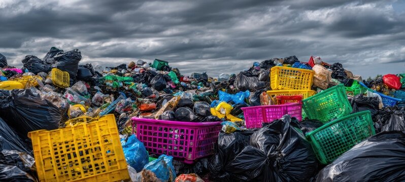 The heaps of trash and colorful containers in a landfill under cloudy skies.