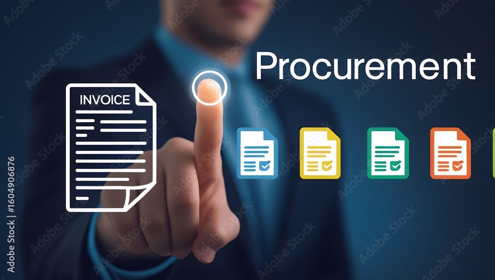 Poster touchless digital procurement workflow concept showing a hand selecting invoice documents with verif