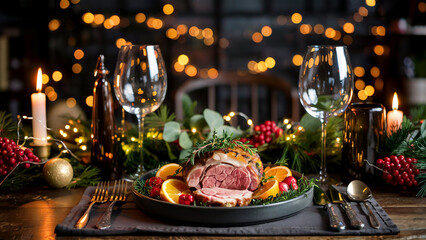 Festive christmas ham centerpiece with orange slices and berries set on a table with glowing bokeh lights and candles