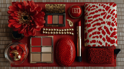 Red and gold themed flat lay