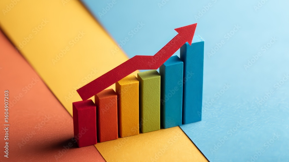 Poster a colorful bar graph showing growth with an upward arrow on a vibrant background.
