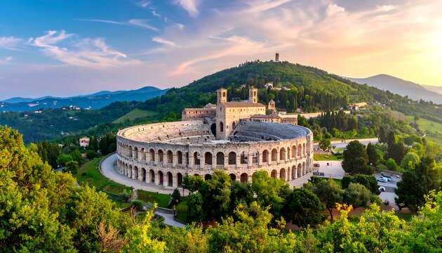 Panoramic view of an ancient amphitheater nestled in a lush green valley at sunrise - Powered by Adobe