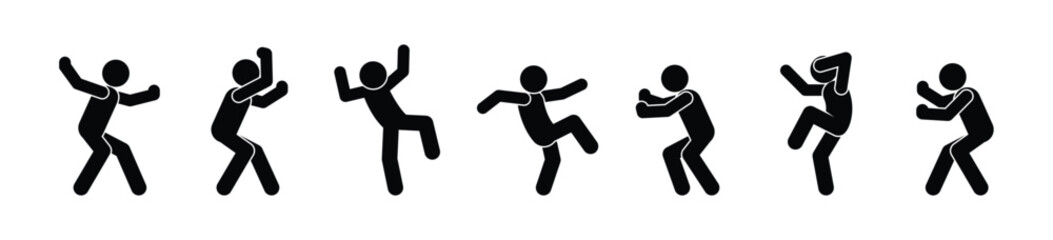 stick figure man icon, people waving their hands, human silhouettes isolated, basic poses set	
