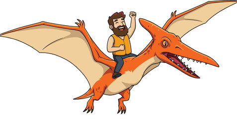 Adventure ride cad drawing flat vector illustration, cartoon man flying triumphantly on pterodactyl with yellow shirt and raised fist gesture © Bokul Creatives