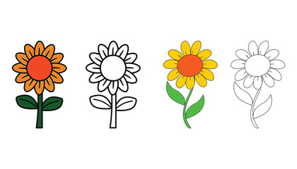 Simple cartoon flowers with colored and outline versions for coloring pages