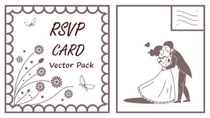 Elegant wedding rsvp card design featuring a romantic couple kissing and floral motifs presented as a vector pack for invitations