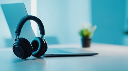 The stylish black headphones resting on a modern laptop at a serene workspace.