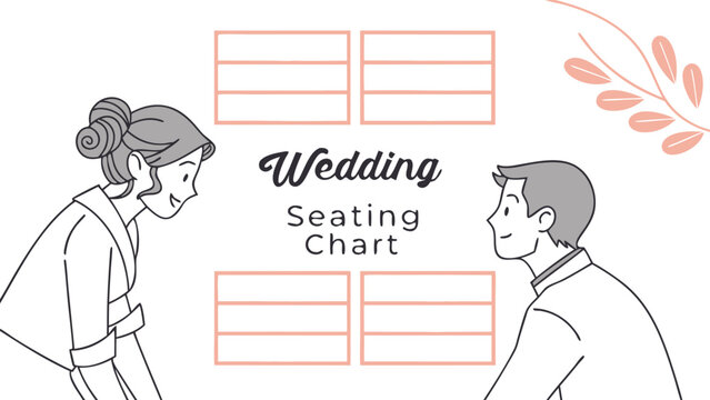 A charming wedding seating chart illustration featuring a bride and groom in traditional attire planning guest arrangements with a decorative floral element