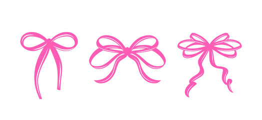 Set of Pink Coquette Bows in Different Styles. A Charming Collection of Feminine Hand-Drawn Ribbons with Playful Curves