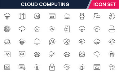 Cloud and quantum computing vector line icons featuring servers, data clouds, qubits, circuits, algorithms, networks, processing, security, and futuristic technology elements.