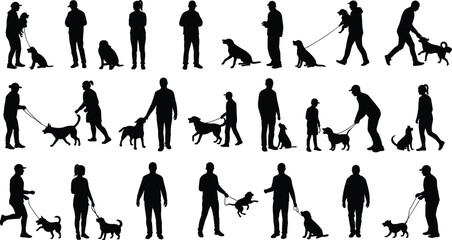 Obraz premium Silhouetted pet owners walking dogs, outdoor training session, diverse companionship, leash discipline, canine behavior, bonding moments, sunset background, active lifestyle
