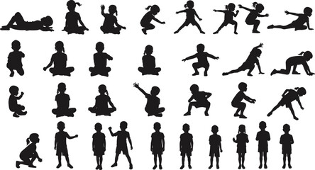 Silhouettes of children in various seated and active poses, playful moments, educational concept, vector design, black illustration, white background