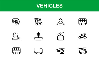 Automotive Vehicles Modern Professional Line Icon Set – Premium Vector Collection Featuring Cars, Trucks, Motorbikes, EVs, Buses, and Transport Symbols