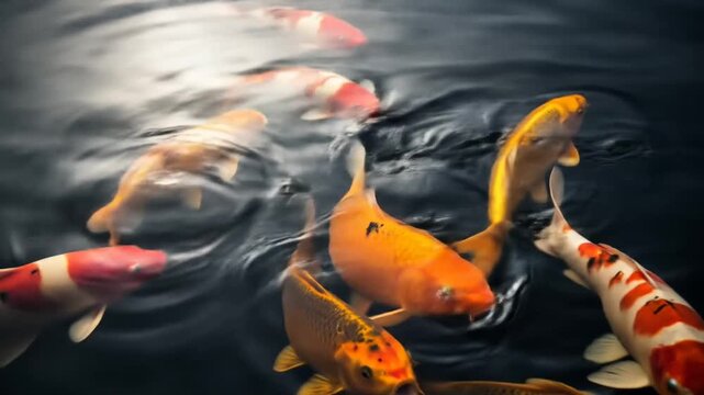 Vibrant Koi Fish Swimming in a Dark Pond with Red Orange and White Colors