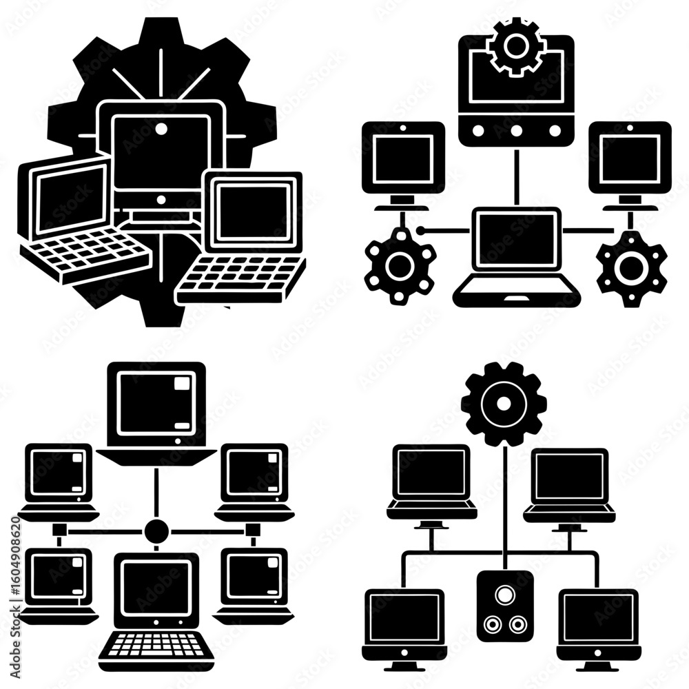 Poster black and white illustration of computer networks and devices with gear shapes in the background