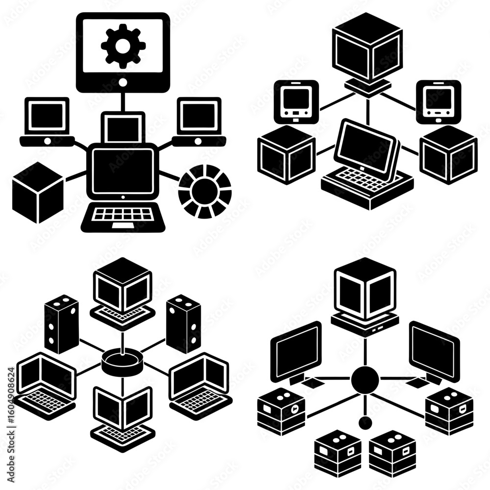 Poster depiction of networked computers and servers arranged in four distinct network configurations graphi