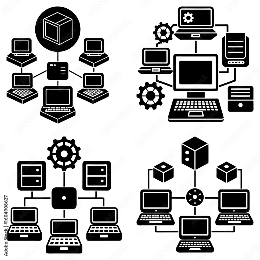 Poster network diagram showing computers connected to servers and cloud storage in a schematic illustration
