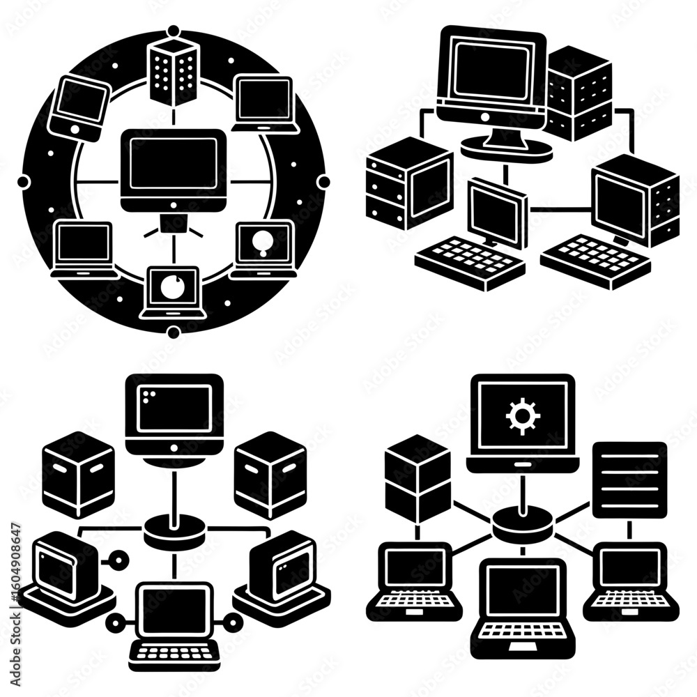 Poster illustration showcasing various computer network configurations with centralized and distributed sys