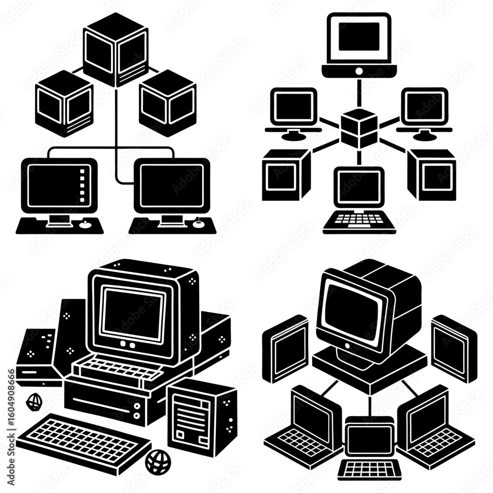 Fototapete illustrative depiction of computer networks with desktop computers and server configurations shown i