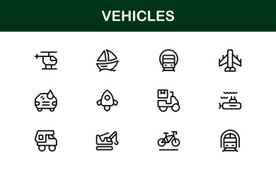 Automotive Vehicles Modern Professional Line Icon Set – Premium Vector Collection Featuring Cars, Trucks, Motorbikes, EVs, Buses, and Transport Symbols