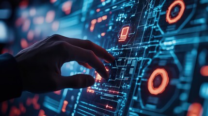 A hand interacts with a futuristic interface featuring glowing orange and blue elements and circuit patterns