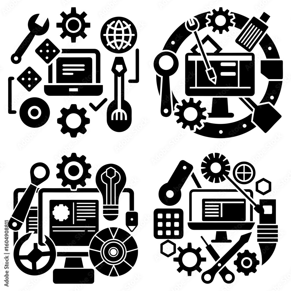 Poster four black and white illustrations depicting computers with tools and gears in a circular formation
