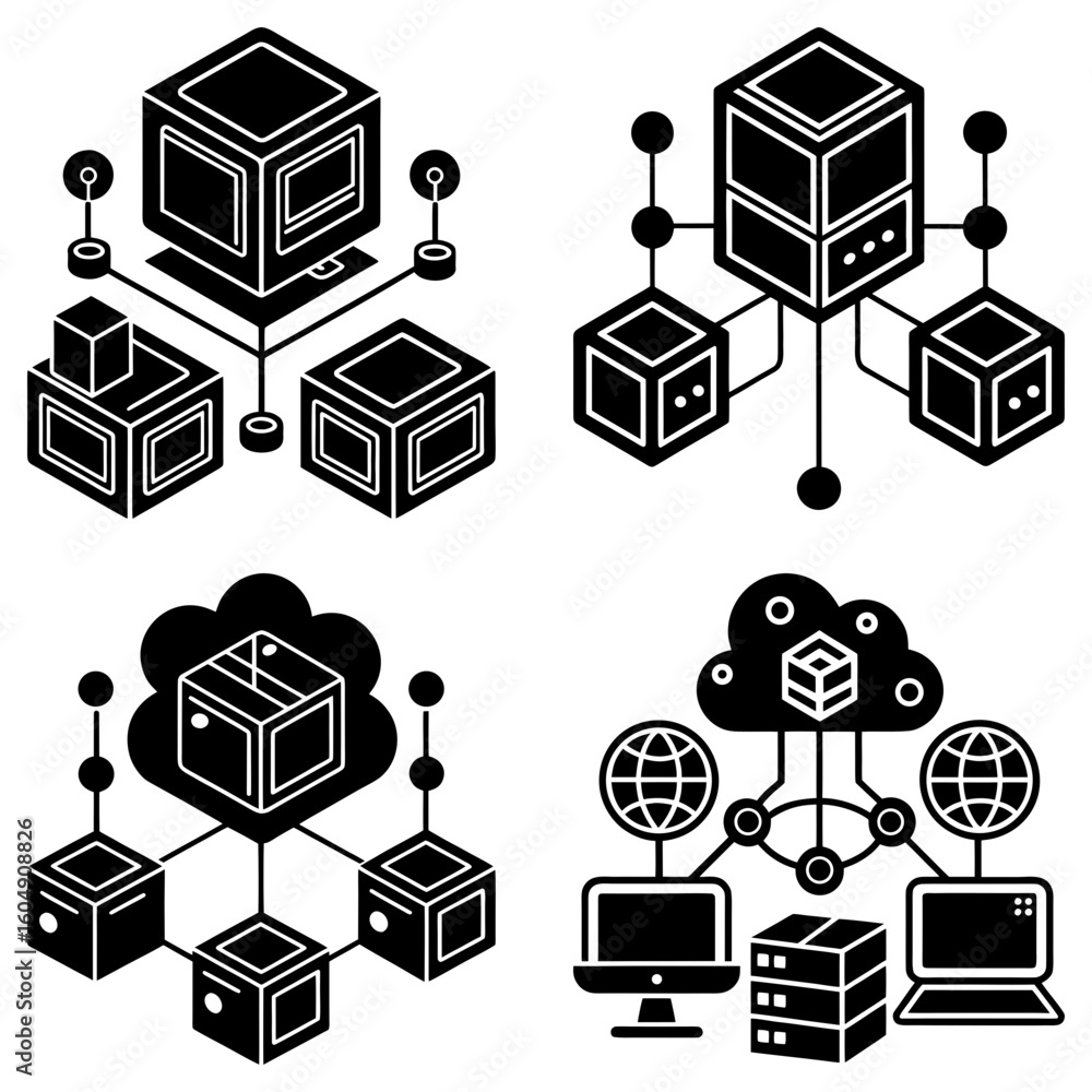Poster illustration showing various network configurations with cubes, clouds, and computers connected by l