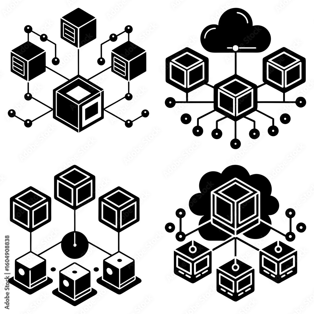 Poster illustration showing various network configurations with cubes, clouds and connecting lines and node