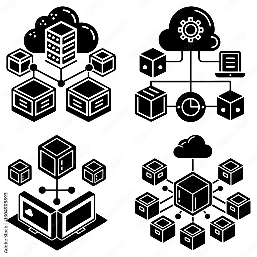 Poster illustrations of cloud computing and network topologies with connected devices and data structures s