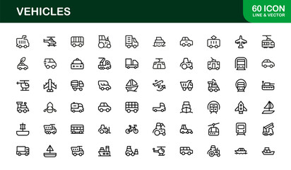 Automotive Vehicles Modern Professional Line Icon Set – Premium Vector Collection Featuring Cars, Trucks, Motorbikes, EVs, Buses, and Transport Symbols