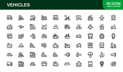 Automotive Vehicles Modern Professional Line Icon Set – Premium Vector Collection Featuring Cars, Trucks, Motorbikes, EVs, Buses, and Transport Symbols