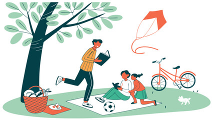 A father and daughter enjoy a sunny day picnic under a tree with a kite flying and bicycle nearby