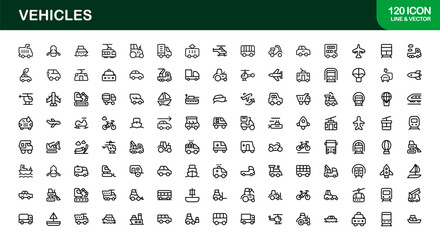Automotive Vehicles Modern Professional Line Icon Set – Premium Vector Collection Featuring Cars, Trucks, Motorbikes, EVs, Buses, and Transport Symbols
