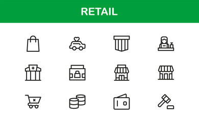 Retail Commerce Essentials Modern Line Icon Set – Symbols for Shopping, Storefronts, POS, Discounts, Delivery, Loyalty, Cart, Barcode, Payment and Ecommerce