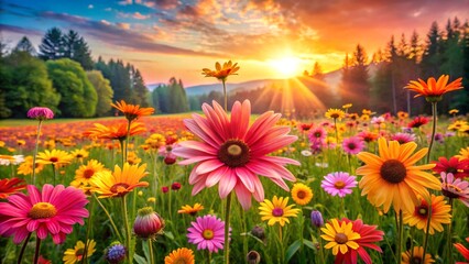 Fototapeta premium Vibrant blanket flowers in golden hour sunlight