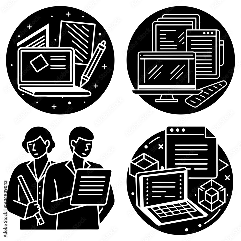 Poster four black and white design icons depicting computer work and collaboration in a circular format des