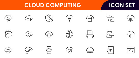 Cloud and quantum computing vector line icons featuring servers, data clouds, qubits, circuits, algorithms, networks, processing, security, and futuristic technology elements.