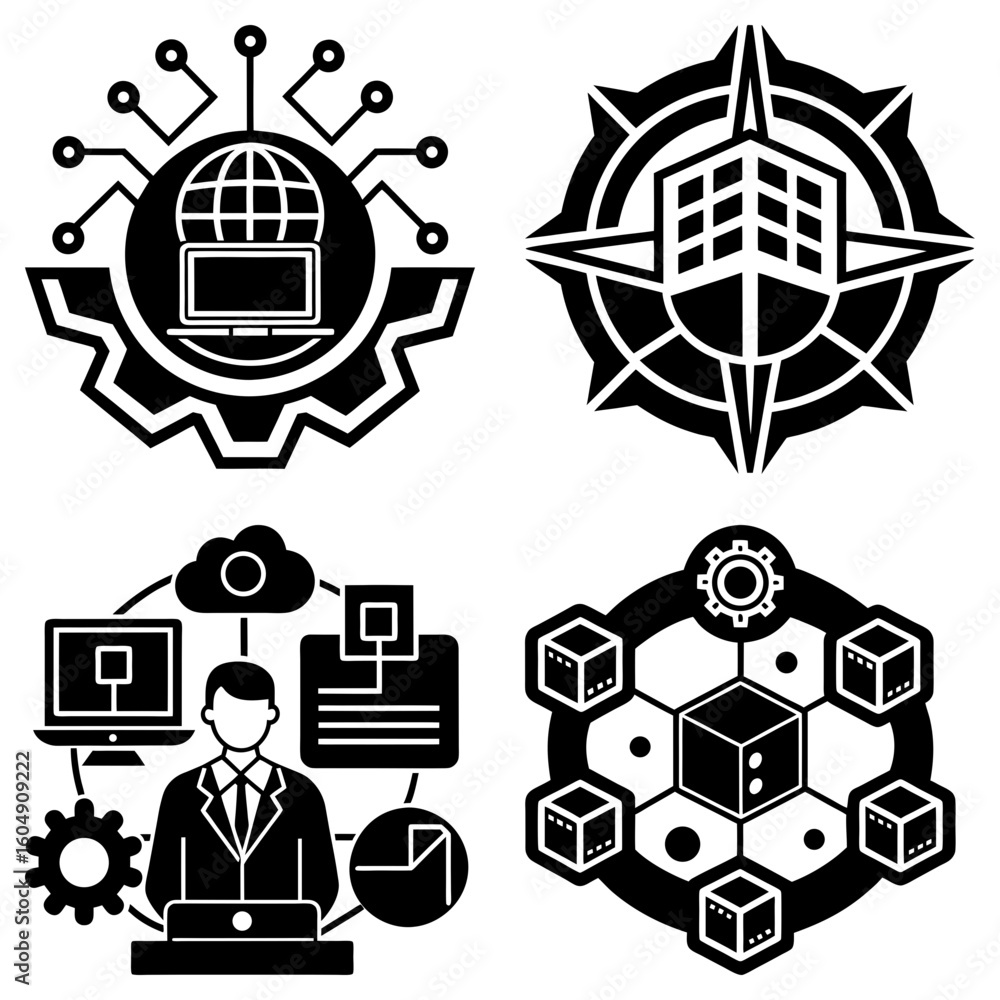 Poster collection of four distinct black and white icons representing technology and business concepts in v