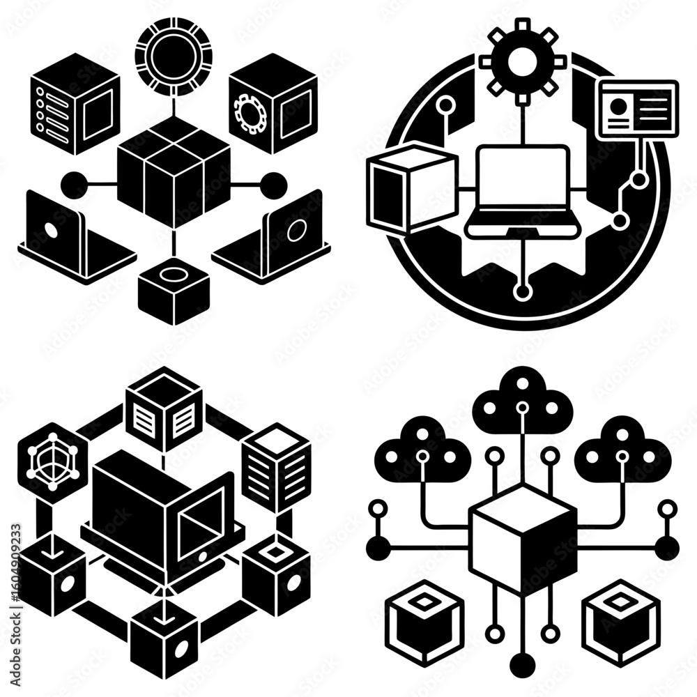 Fototapete Illustrations of interconnected computer networks and cloud computing concepts in black and white style