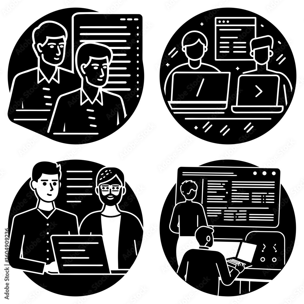 Poster four black and white circles depicting people working together on computers and documents in a team 