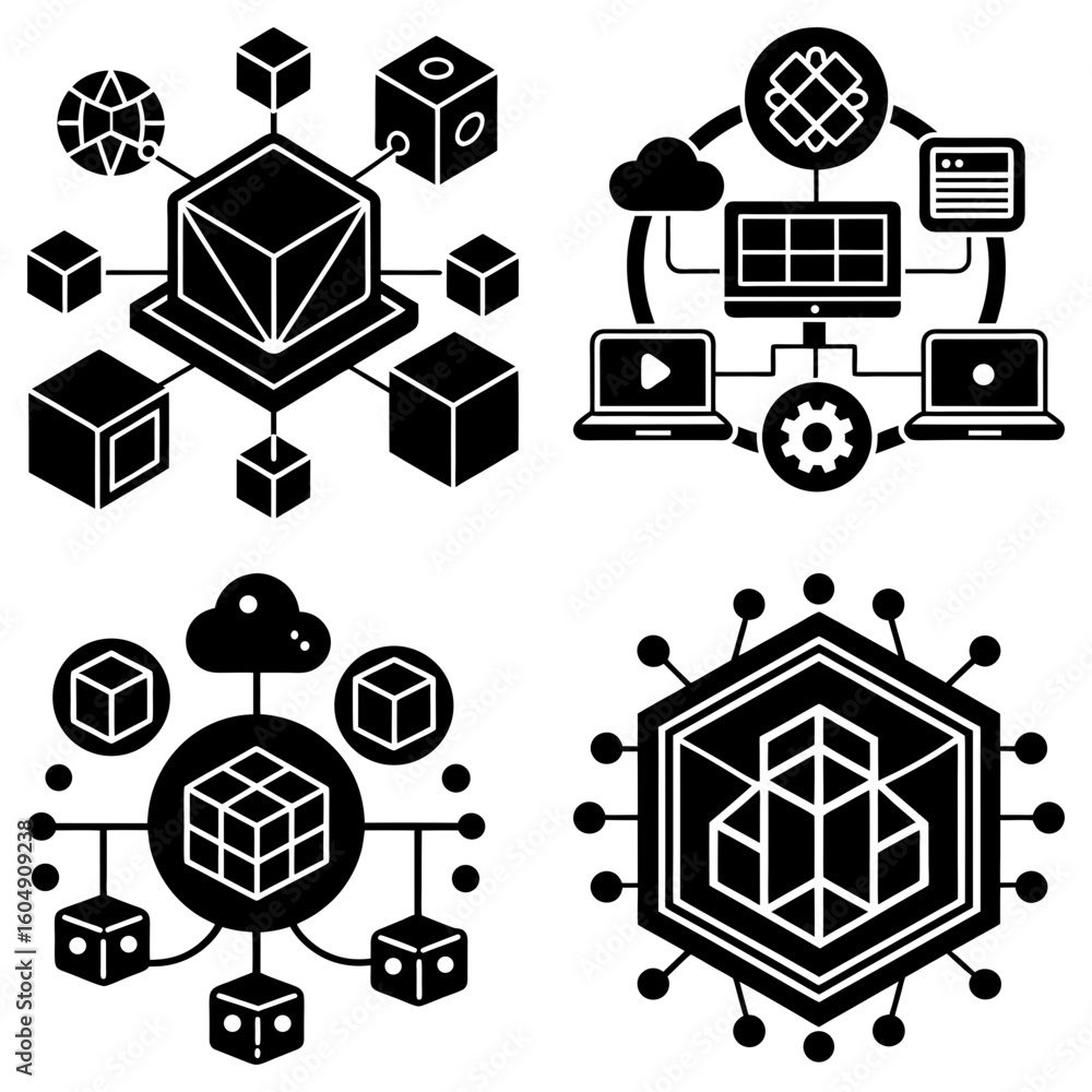 Poster illustration of four distinct conceptual diagrams featuring interconnected systems and data structur