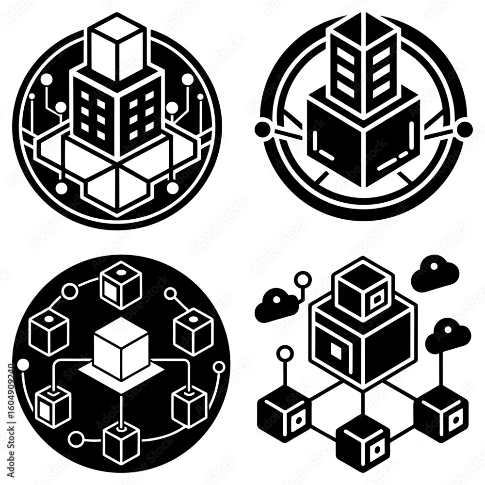 Poster illustration featuring four distinct blockchain network designs with cube and cloud elements in blac