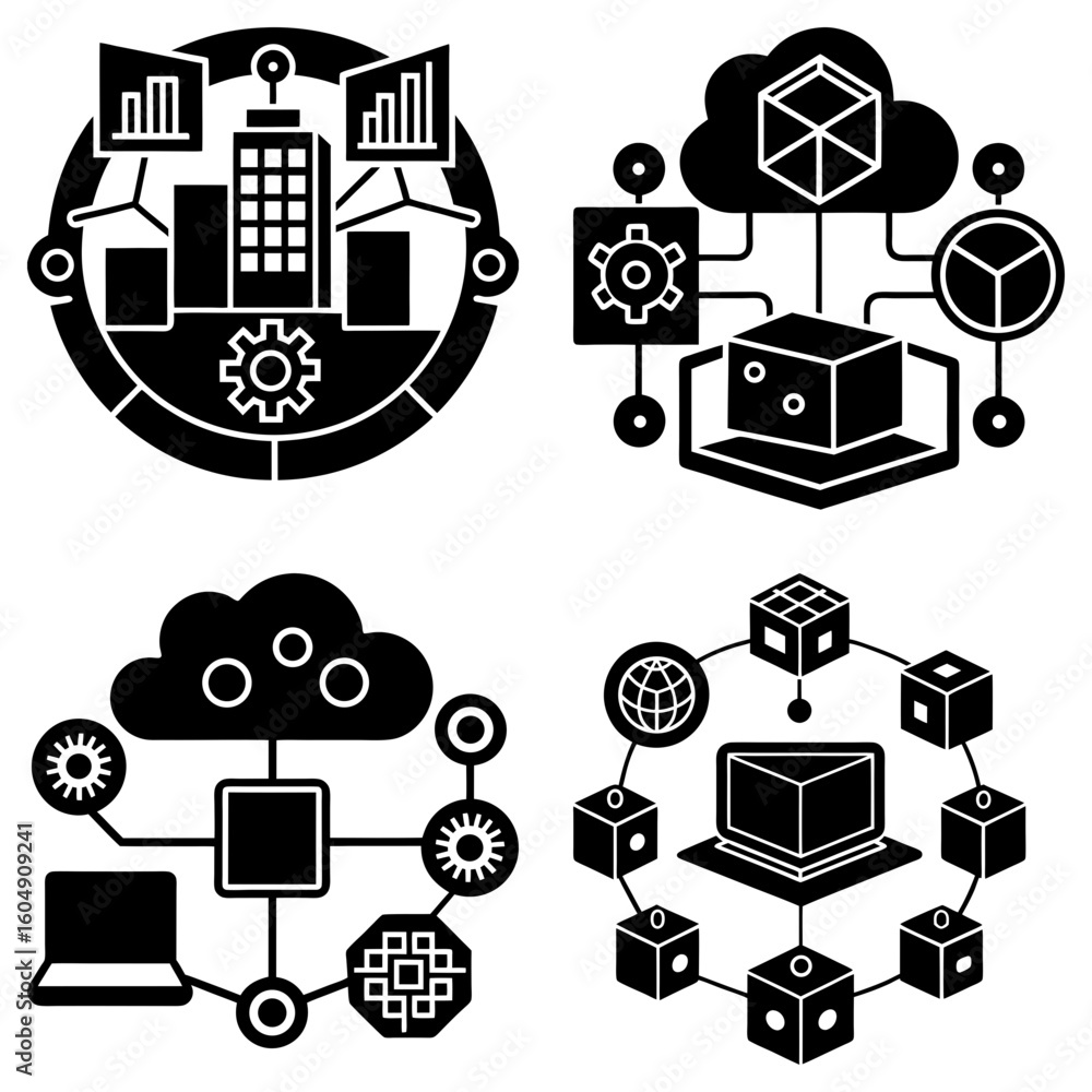 Poster four black and white circular icons depicting cloud computing and data network connections and proce