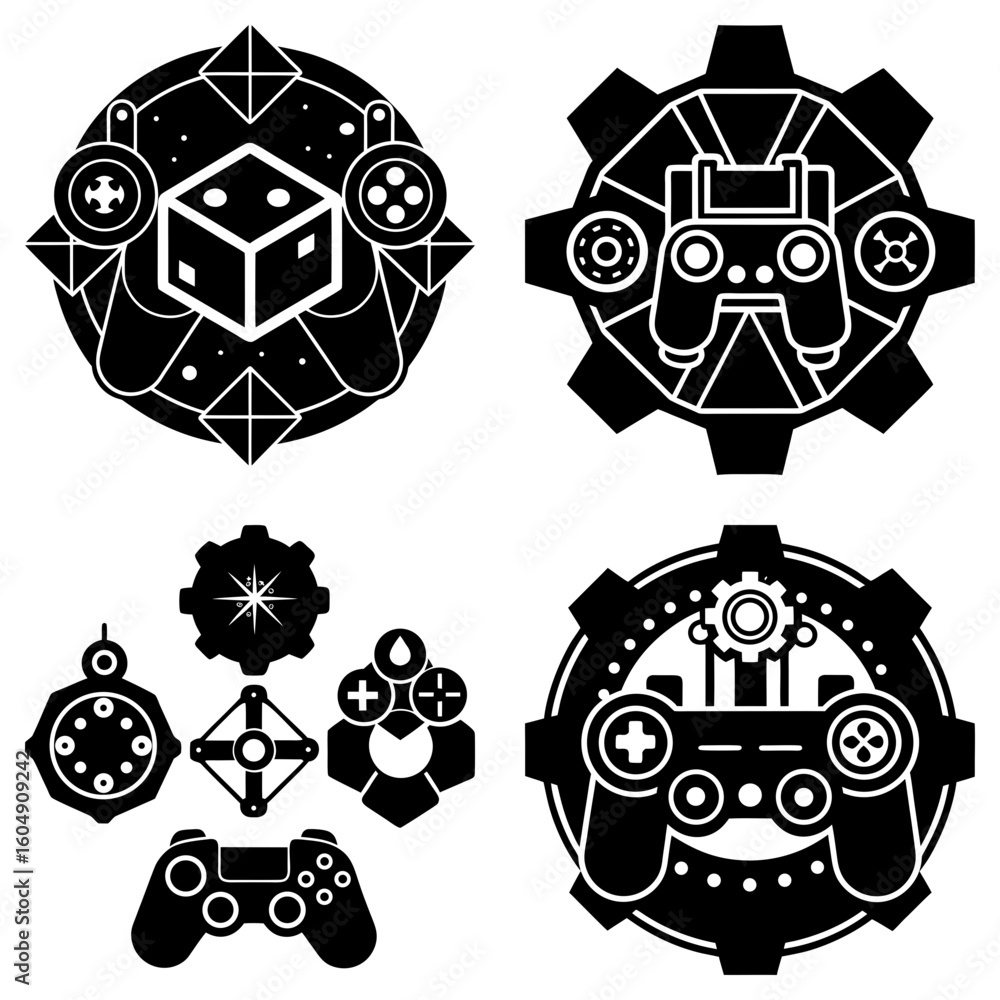 Poster collection of gaming themed icons featuring dice game controllers and gears in a black and white des