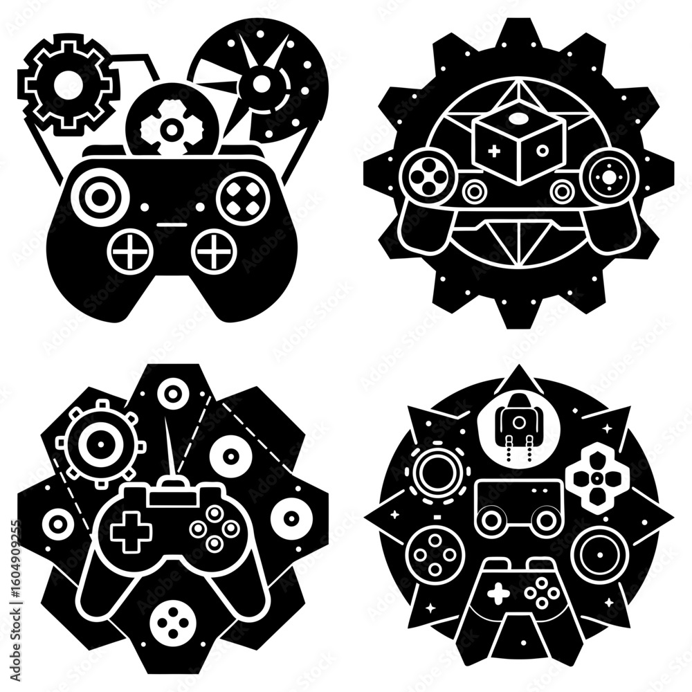 Poster four steampunk game controller designs with gears and gaming elements in black and white style desig